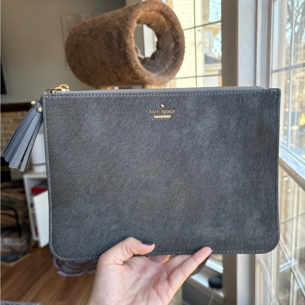 Kate Spade Laurel Way Haircalf Shayna Clutch in Smoky Pearl NEW